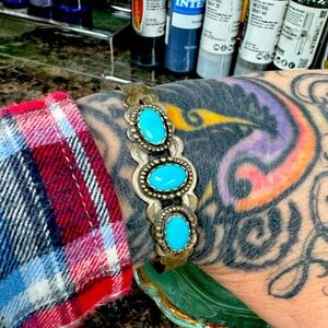 Sleeping beauty turquoise sterling etched cuff bracelet